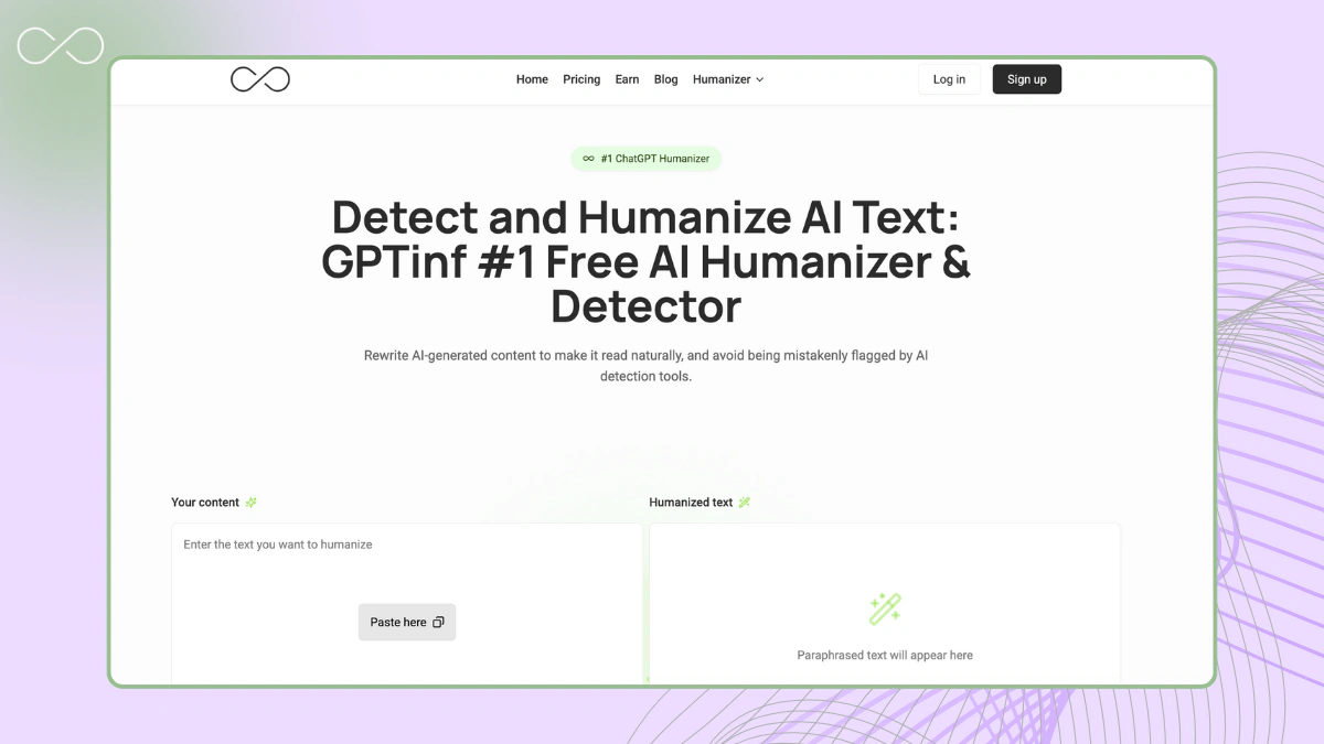 GPTinf humanization interface showing text processing with AI detection bypass features