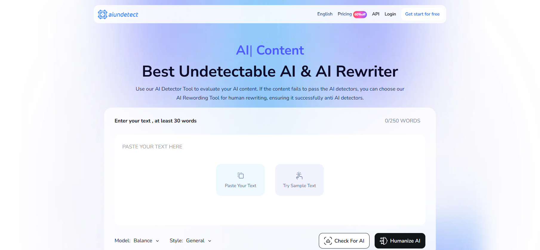 Dashboard interface of AI Undetect showing the Global Health Check results with scores from 8 different detectors.