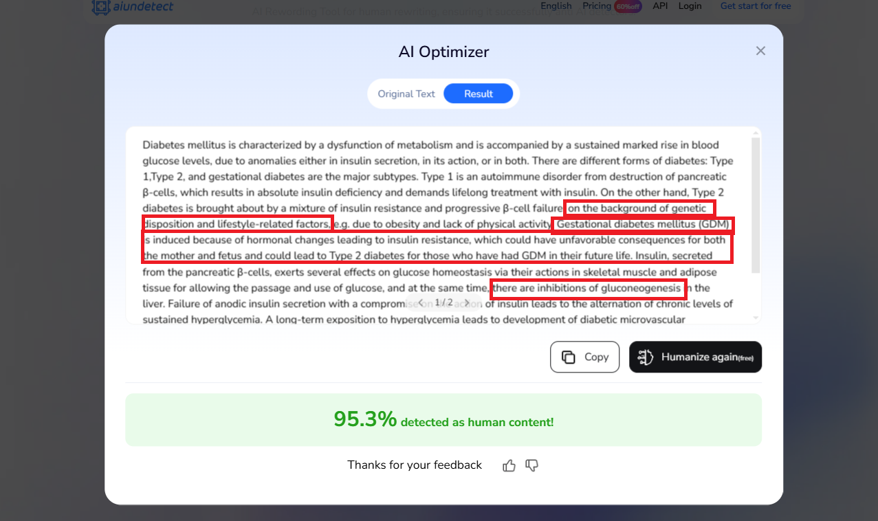 AI Undetect results screen showing human probability scores.