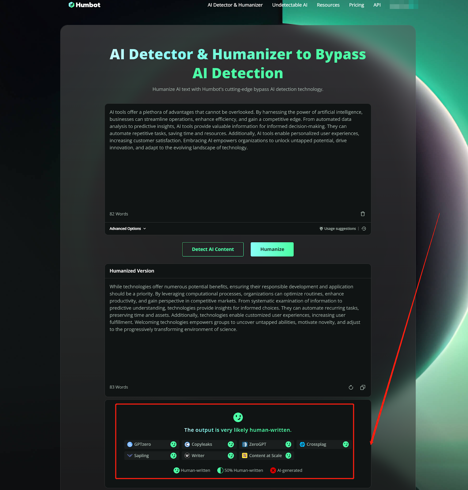 Humbot AI humanization interface with text editor and multi-tool features