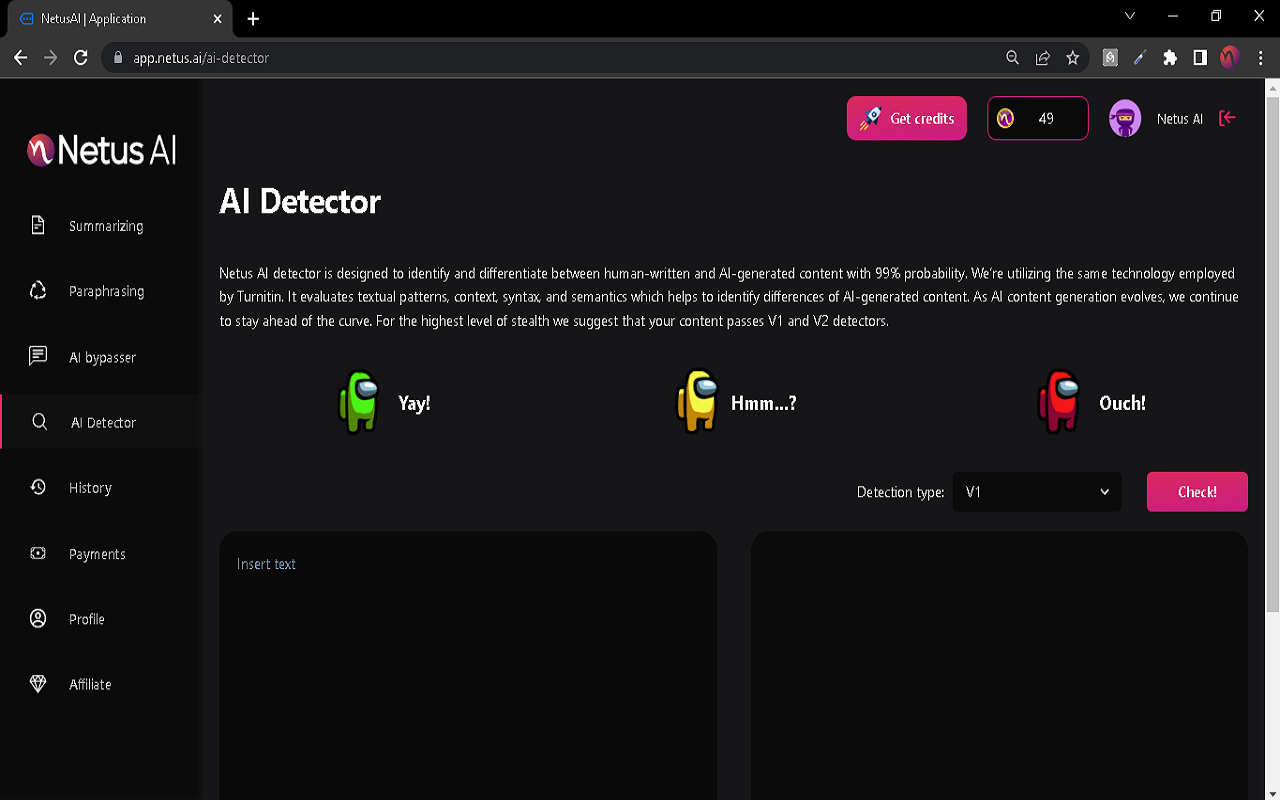 Netus AI main dashboard showing the AI Bypasser interface with humanization scores and plagiarism detection settings