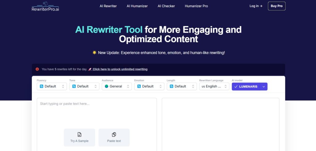 RewriterPro editor dashboard showing split-screen 'humanization' interface with granular sliders.