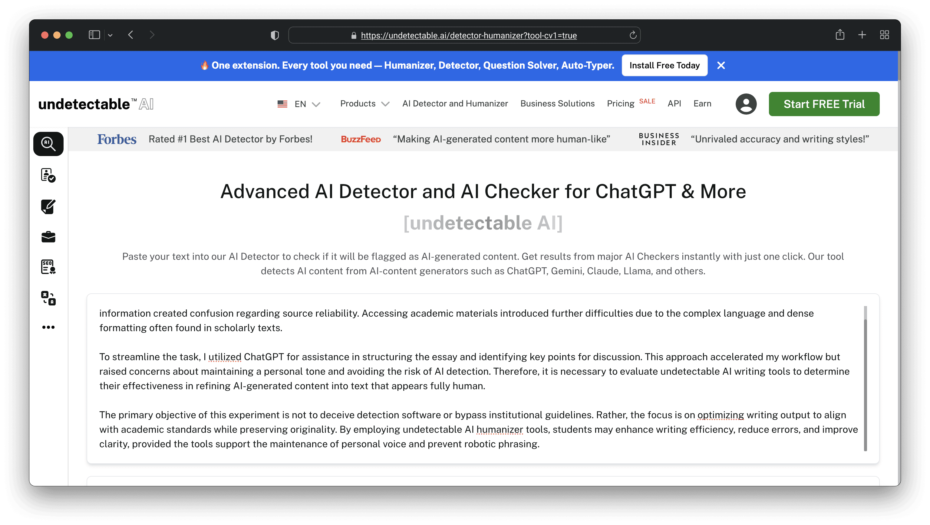 Undetectable.ai dashboard showing Readability and Purpose settings.