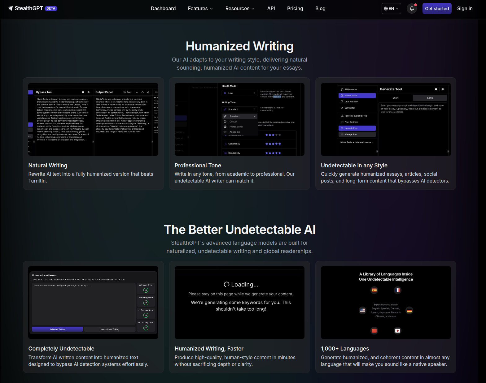 StealthGPT Writer interface showing text input and humanization options.