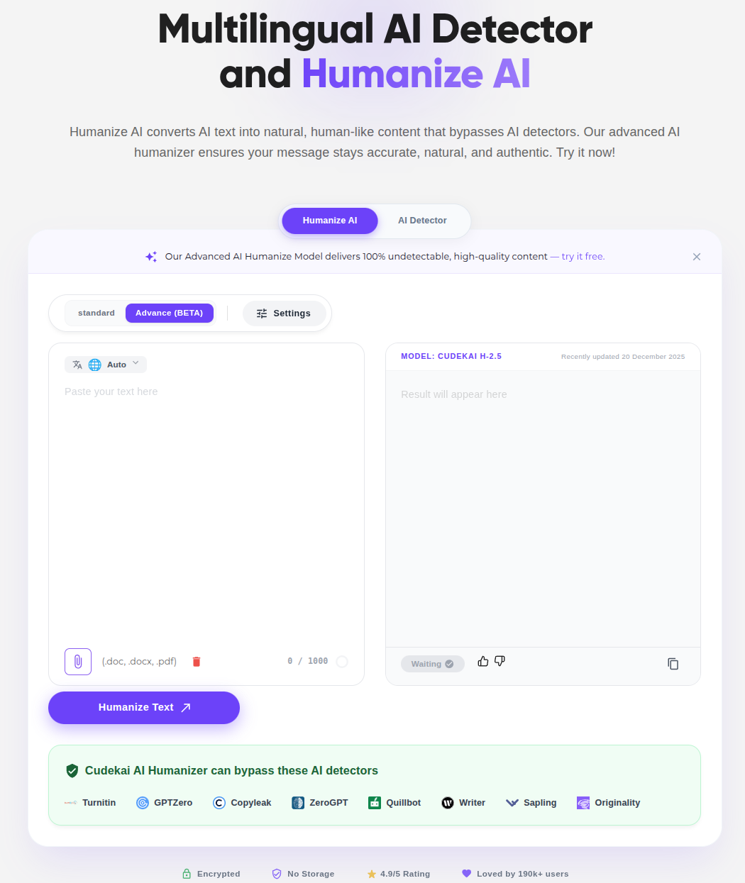 The Cudekai Humanizer AI interface showing the text input area and humanization settings.