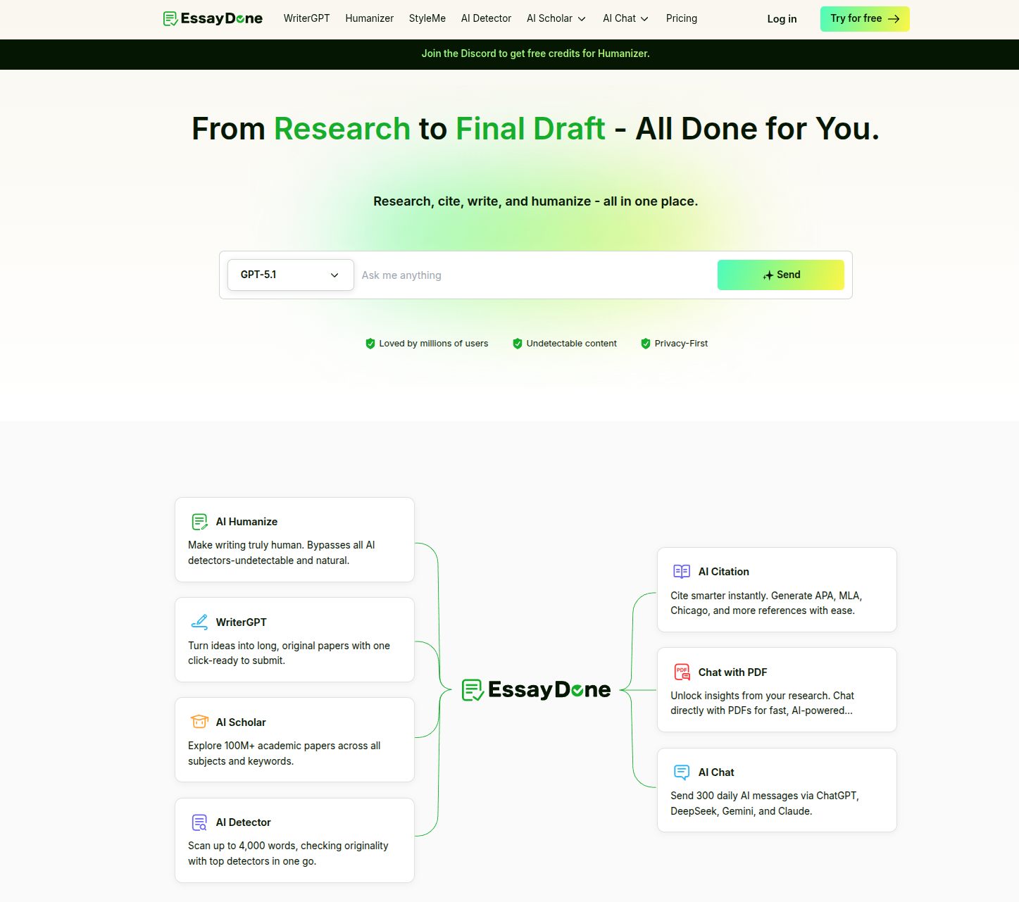 The EssayDone WriterGPT home webpage showcasing features and key messaging