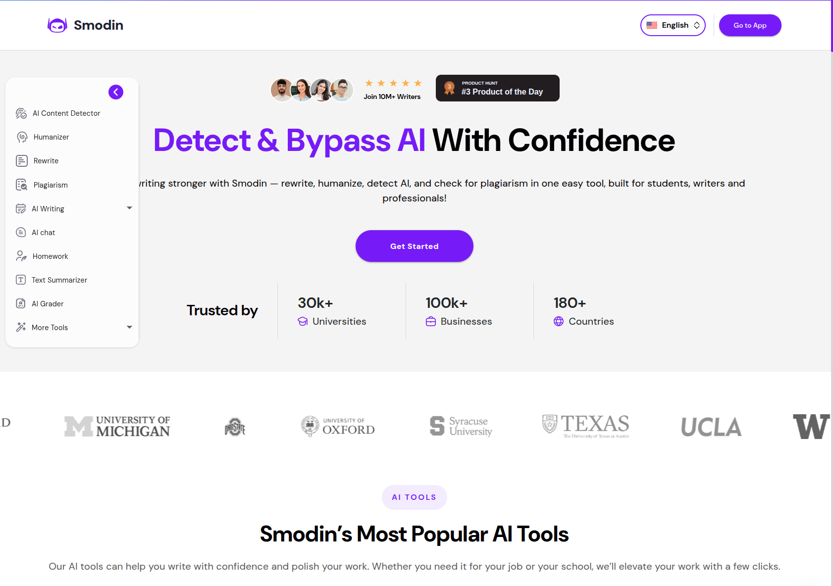 Smodin AI main dashboard interface showing the suite of academic tools including the essay writer and plagiarism checker.