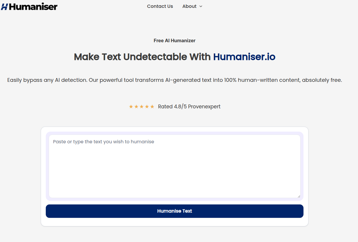 Humaniser.io editor in action: large 'Humanize AI Text' title with the Humaniser wordmark, two-pane layout with the left panel showing the original 200-word AI text on exploring a new hiking trail and the cyan 'Humanize Text' button at the bottom;...