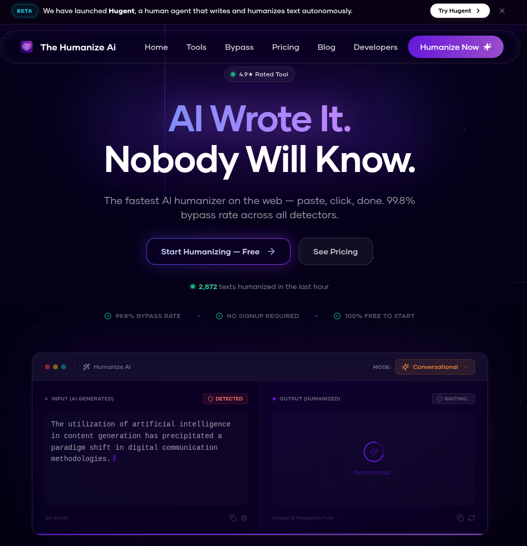 Humanize AI Pro editor in action: top mode-tab row (Standard, Academic selected, Simple, Flowing, Informal, Formal, Expand, Shorten, Custom) and Ultra-run toggle;...