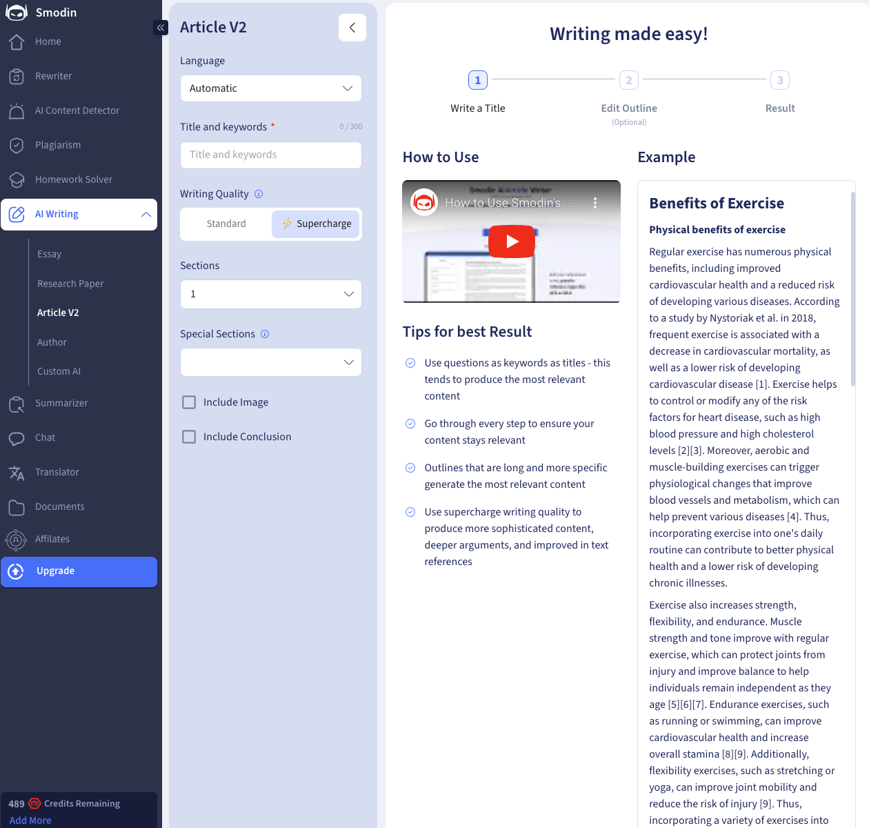 Smodin dashboard comparison view showing AI writing capabilities.