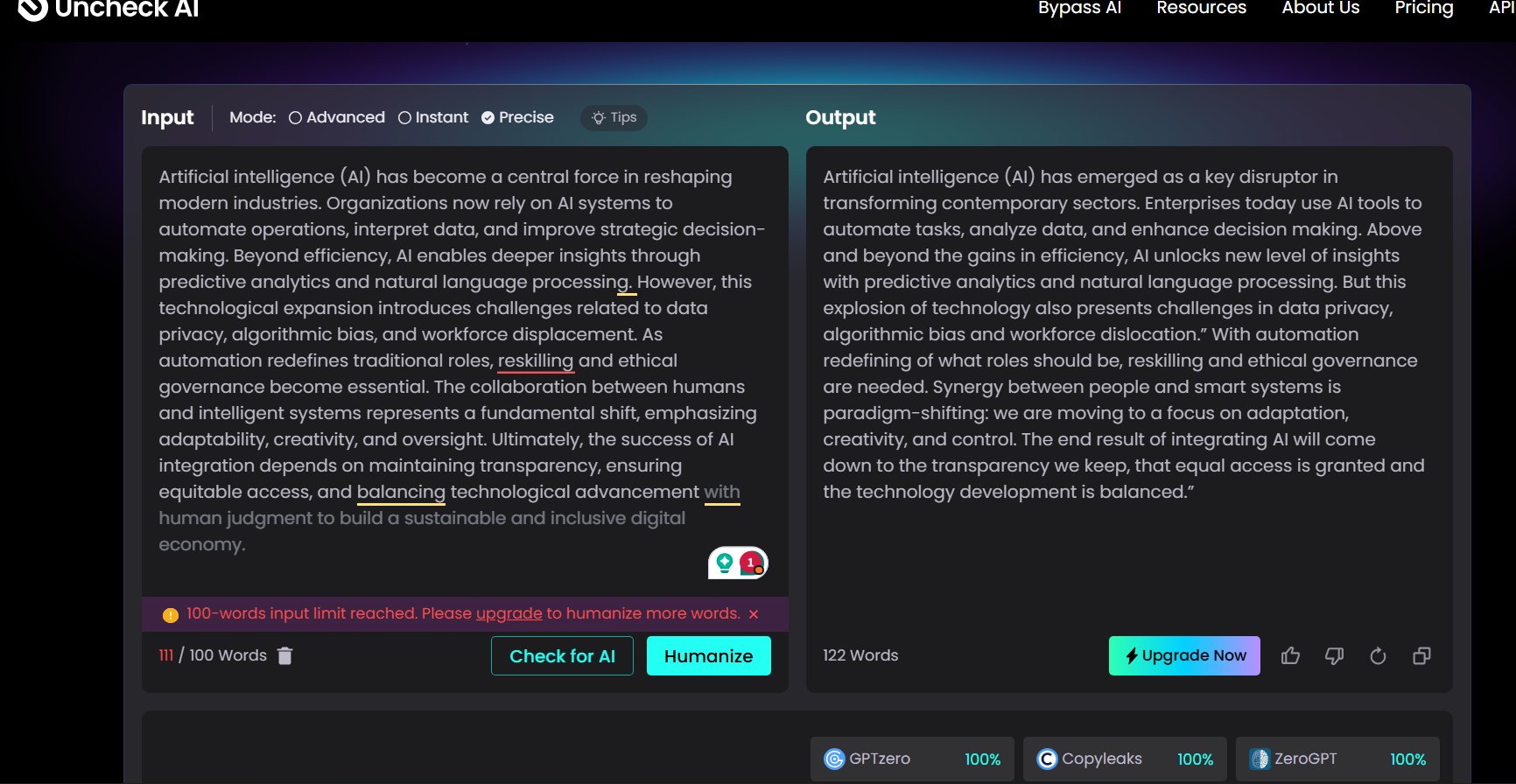 Uncheck AI text processing interface with sample AI-generated content and humanization controls