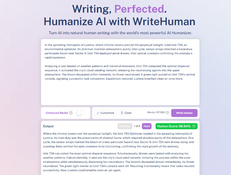 WriteHuman interface showing simple text box and Humanize button.
