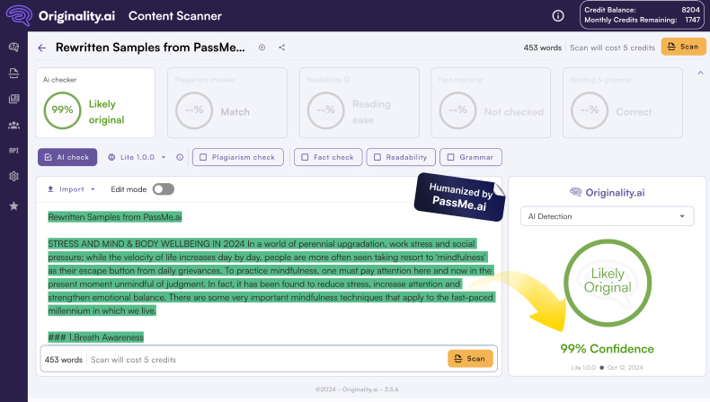 PassMe AI detection evasion results for Originality.AI detector