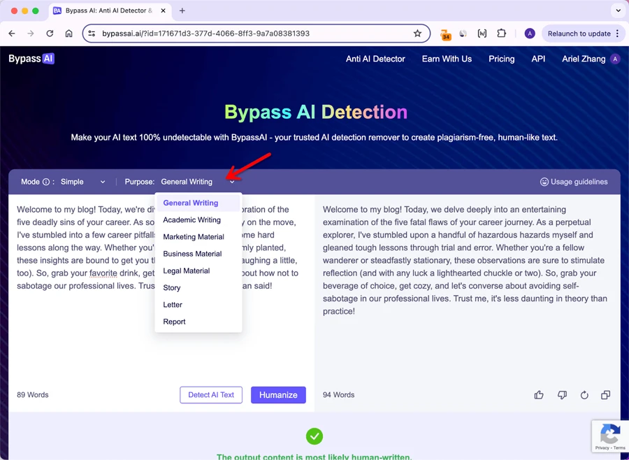 BypassAI writing purpose selection with multiple content type options