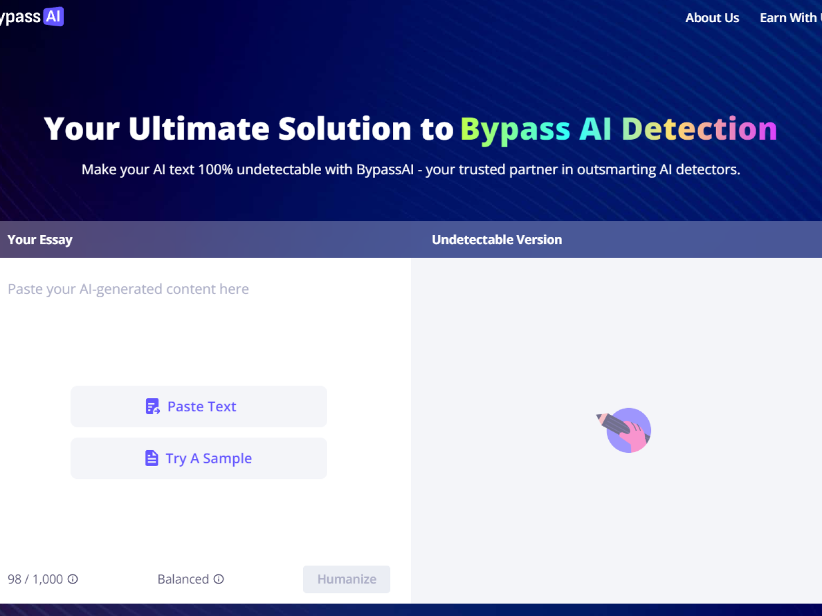 BypassAI humanization interface showing text processing and AI detection results