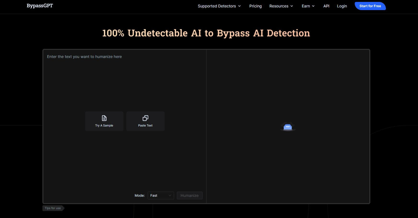 BypassGPT main interface with text input and humanization controls