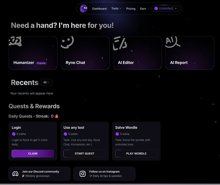 Ryne AI interface showing humanization results with text comparison.