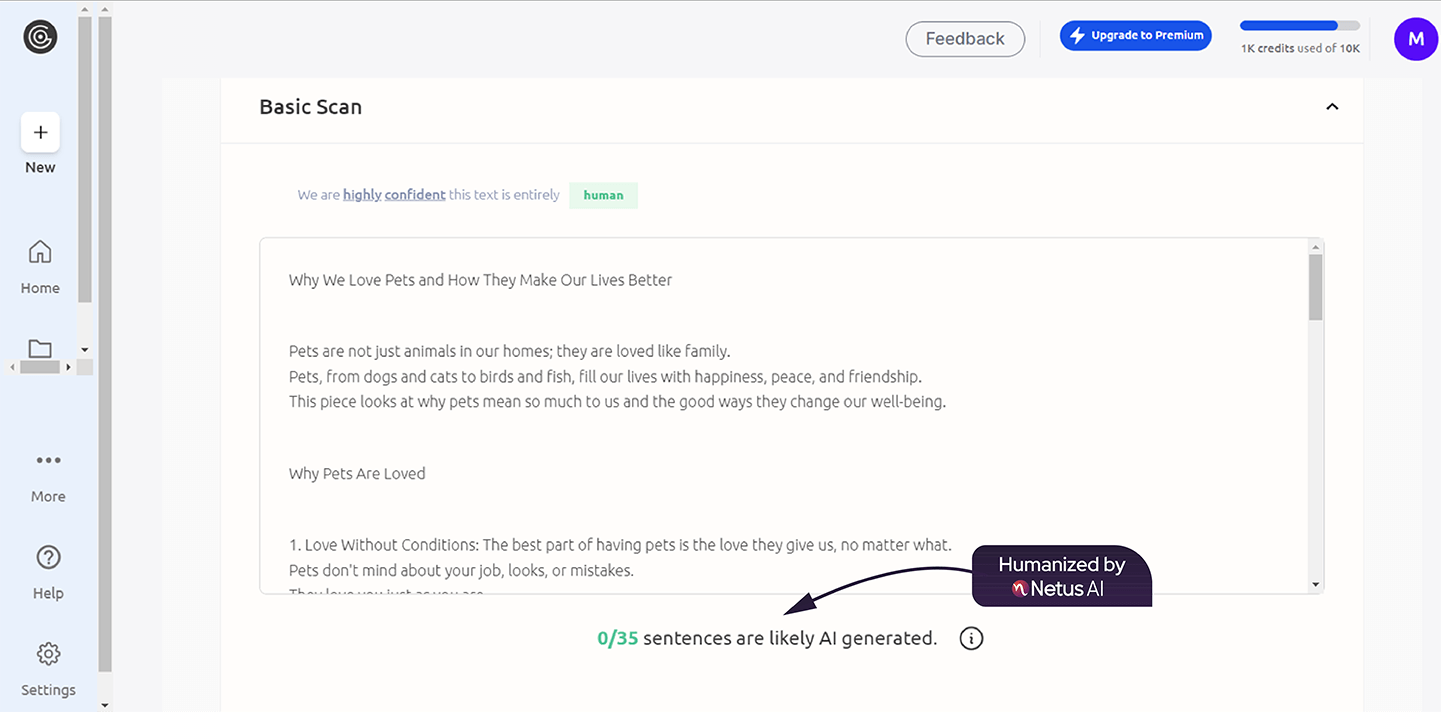 Netus AI bypasser settings specifically optimized for removing detection from GPTZero and other major AI detectors.