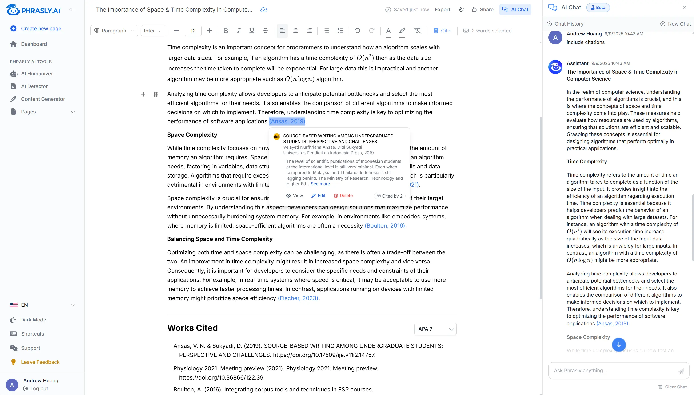 Phrasly AI dashboard with text editing and humanization controls