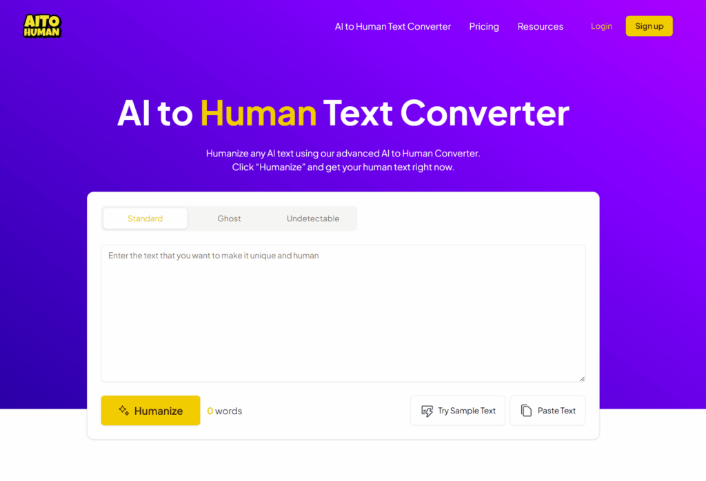 AIToHuman main editor interface showing text input and humanization options.