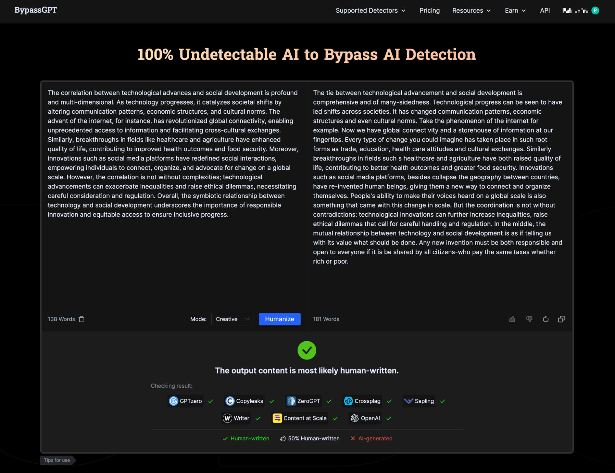 BypassGPT humanization dashboard showing AI text being processed with detection bypass results