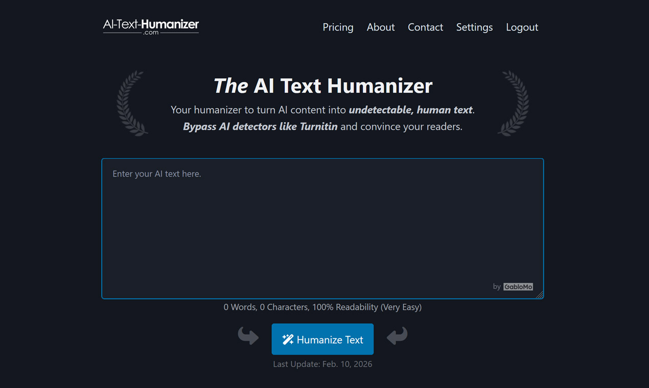 AI Text Humanizer homepage hero — dark-themed page with the wordmark, a text input box, live word and readability counter, and the blue Humanize Text button