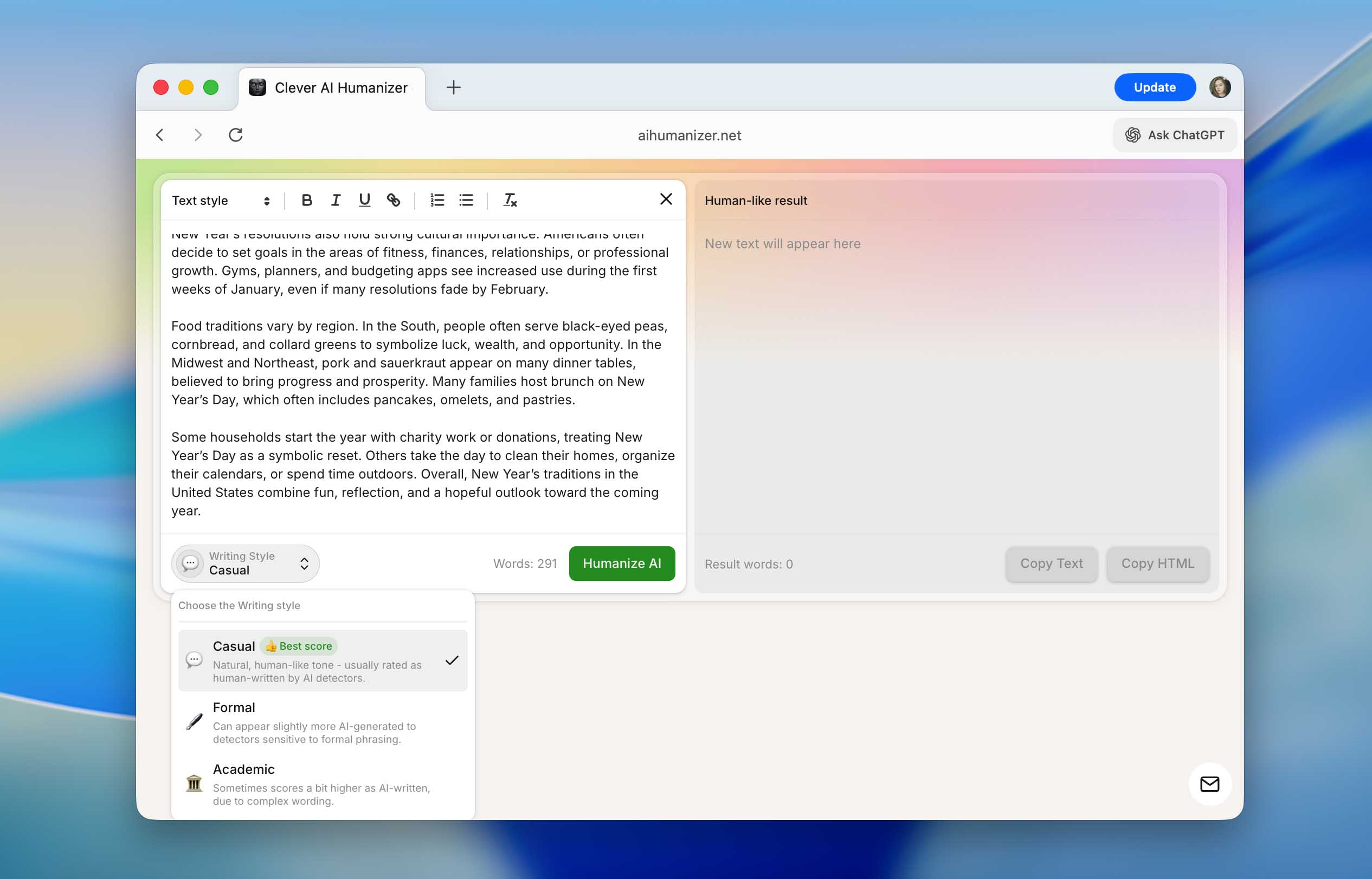 Clever AI Humanizer editor with the Writing Style dropdown opened showing three humanization modes: Casual (Best score), Formal, Academic