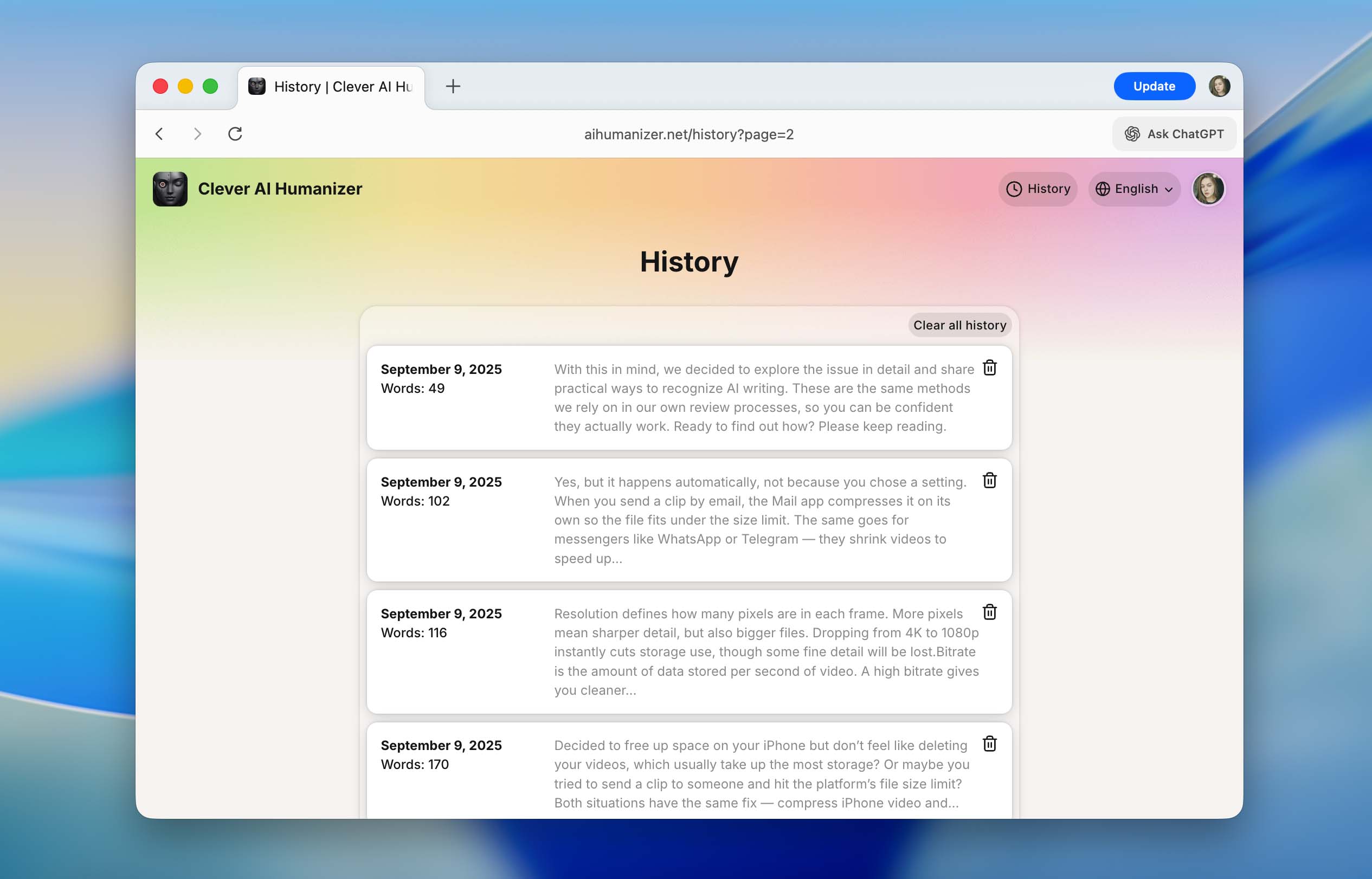 Clever AI Humanizer's History page listing previous humanization runs as cards with date, word count, and text snippet