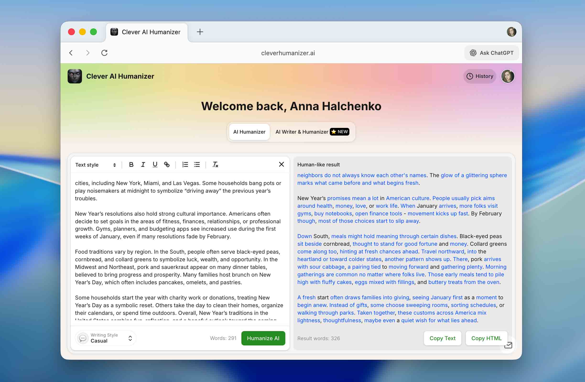 Clever AI Humanizer editor mid-run: AI text in the left input, humanized output highlighted on the right, with the Writing Style selector and Humanize AI button