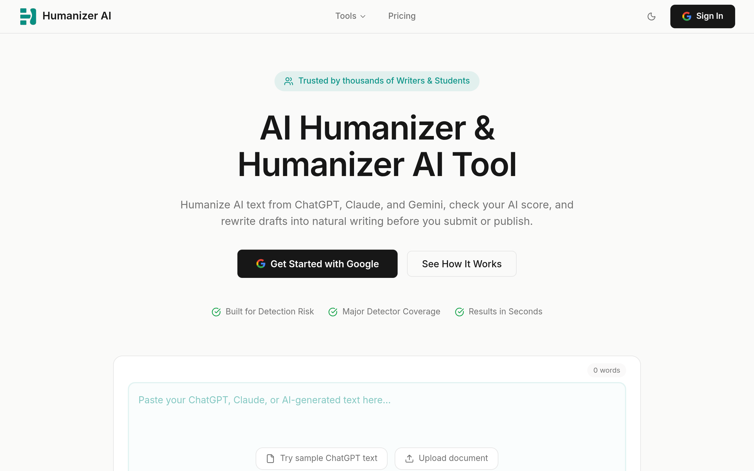 Humanizer AI landing page screenshot captured from humanizerai.com (full page).