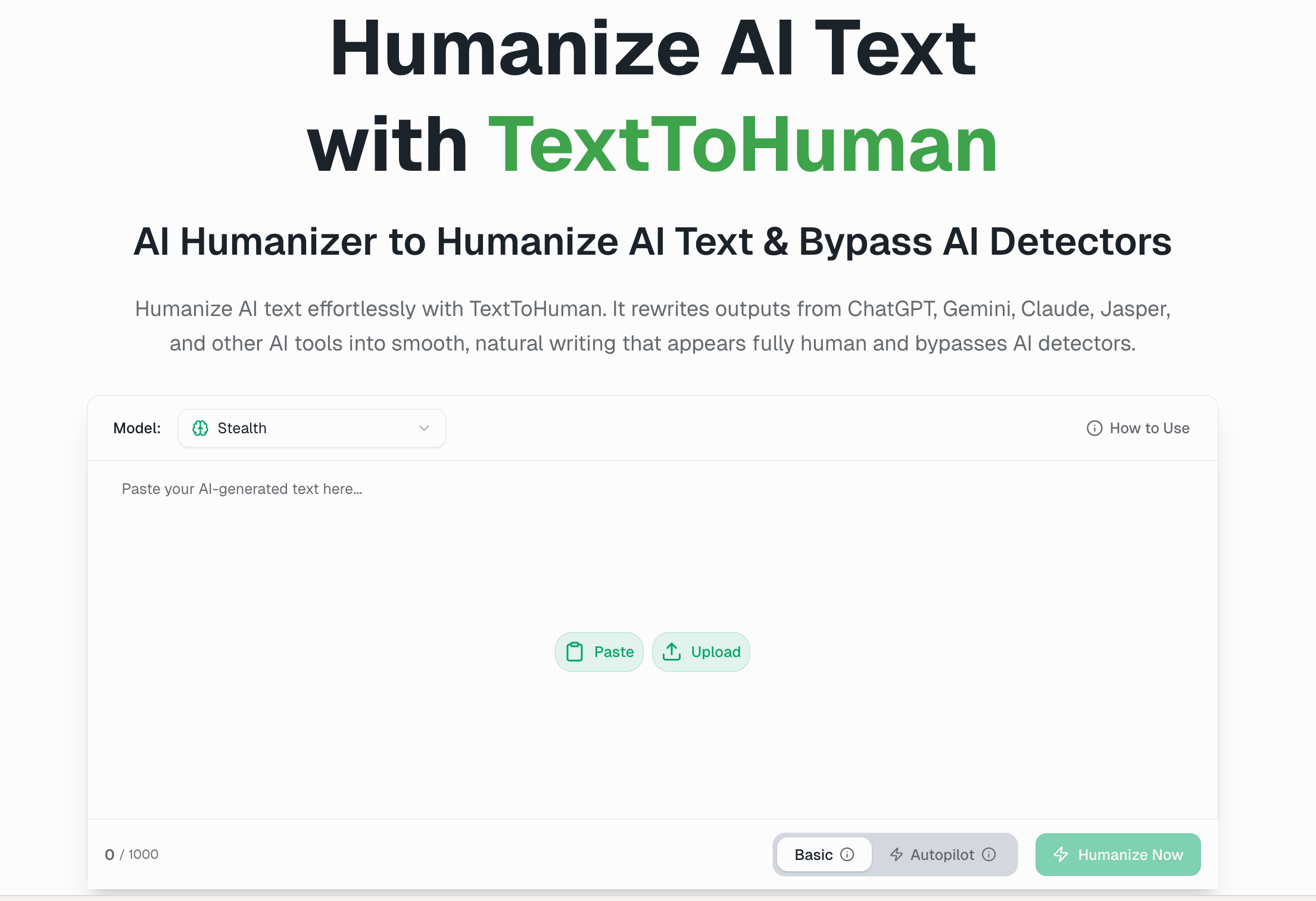 TextToHuman marketing banner showing Free AI Text Humanizer headline and brand identity — product is a JS SPA, this is the only publicly accessible hero image