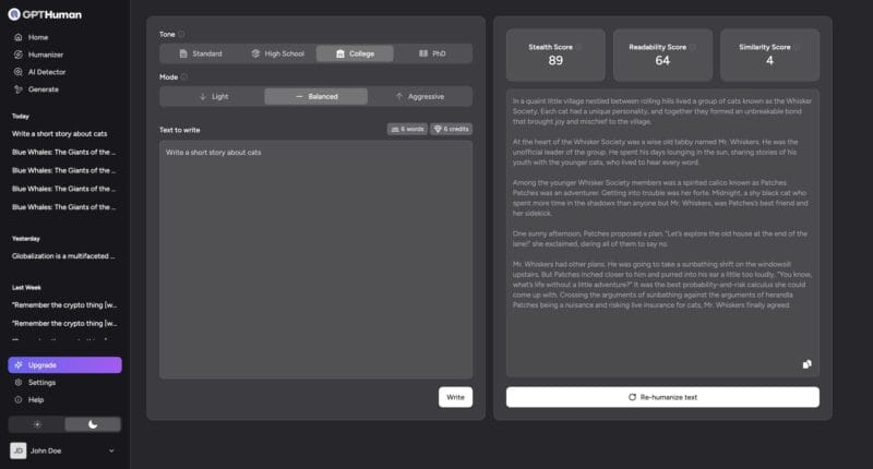 GPTHuman app: dark sidebar (Home, Humanizer, AI Detector, Generate) with History list; main area is a split-pane editor — left side has Tone selector (Standard, High School, College, PhD), Mode selector (Light, Balanced, Aggressive),...