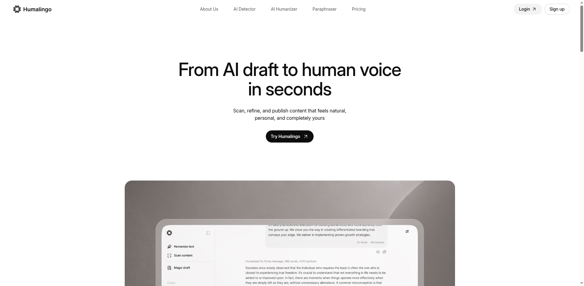HumaLingo homepage — From AI draft to human voice in seconds with Try Humalingo CTA, and a preview of the AI Humanizer / Scan content / Magic draft sidebar beside the input editor