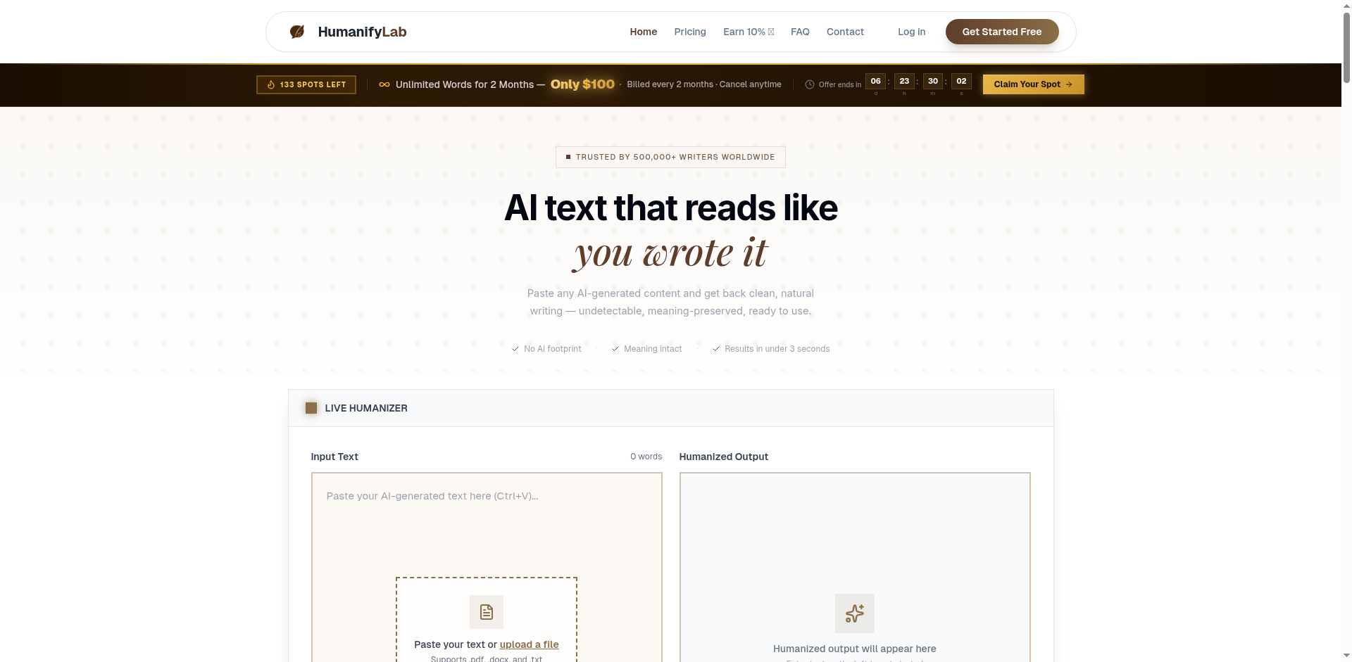 HumanifyLab homepage — AI text that reads like you wrote it, with TRUSTED BY 500,000+ WRITERS WORLDWIDE badge and the LIVE HUMANIZER editor with Input Text and Humanized Output panes