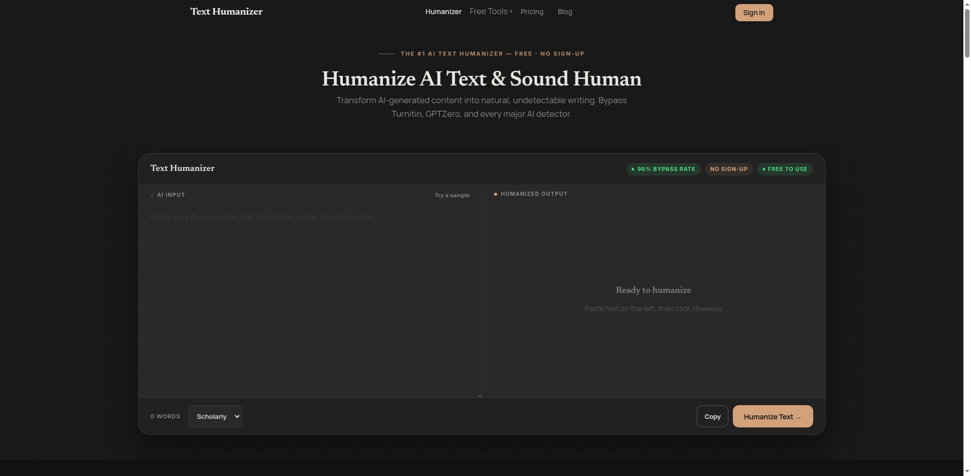 TextHumanizer homepage screenshot — AI Input and Humanized Output panels with 98% Bypass Rate, NO SIGN-UP, FREE TO USE badges