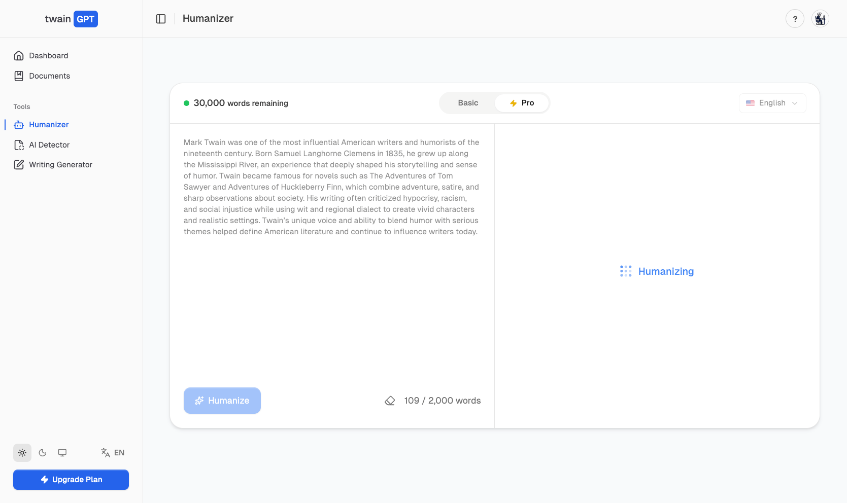 TwinGPT — AI humanizer dashboard screenshot