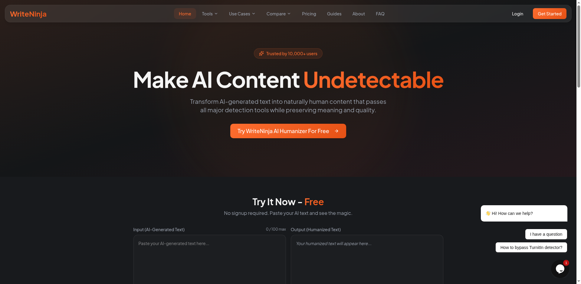 WriteNinja homepage — Make AI Content Undetectable in Seconds with Trusted by 10,000+ users badge and Try WriteNinja AI Humanizer For Free CTA