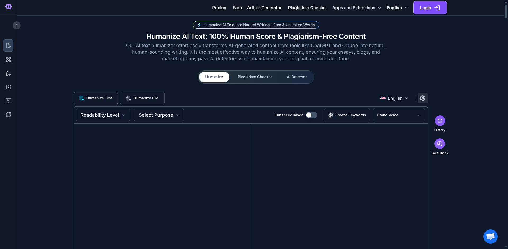 Humanize AI Text homepage — 100% Human Score & Plagiarism-Free Content claim above a two-pane Humanize AI Text / Humanize File editor with Readability Level and Select Purpose dropdowns, Enhanced Mode and Freeze Keywords toggles, and Brand Voice selector