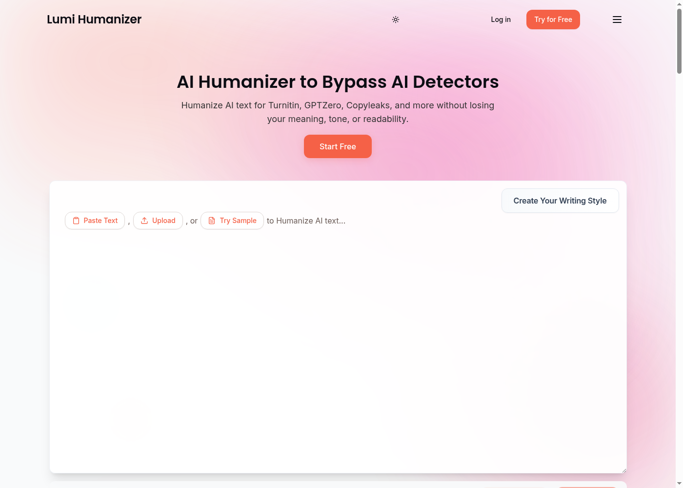 Lumi Humanizer homepage showing the public AI humanizer product surface with Paste Text, Upload, Try Sample and Create Your Writing Style controls