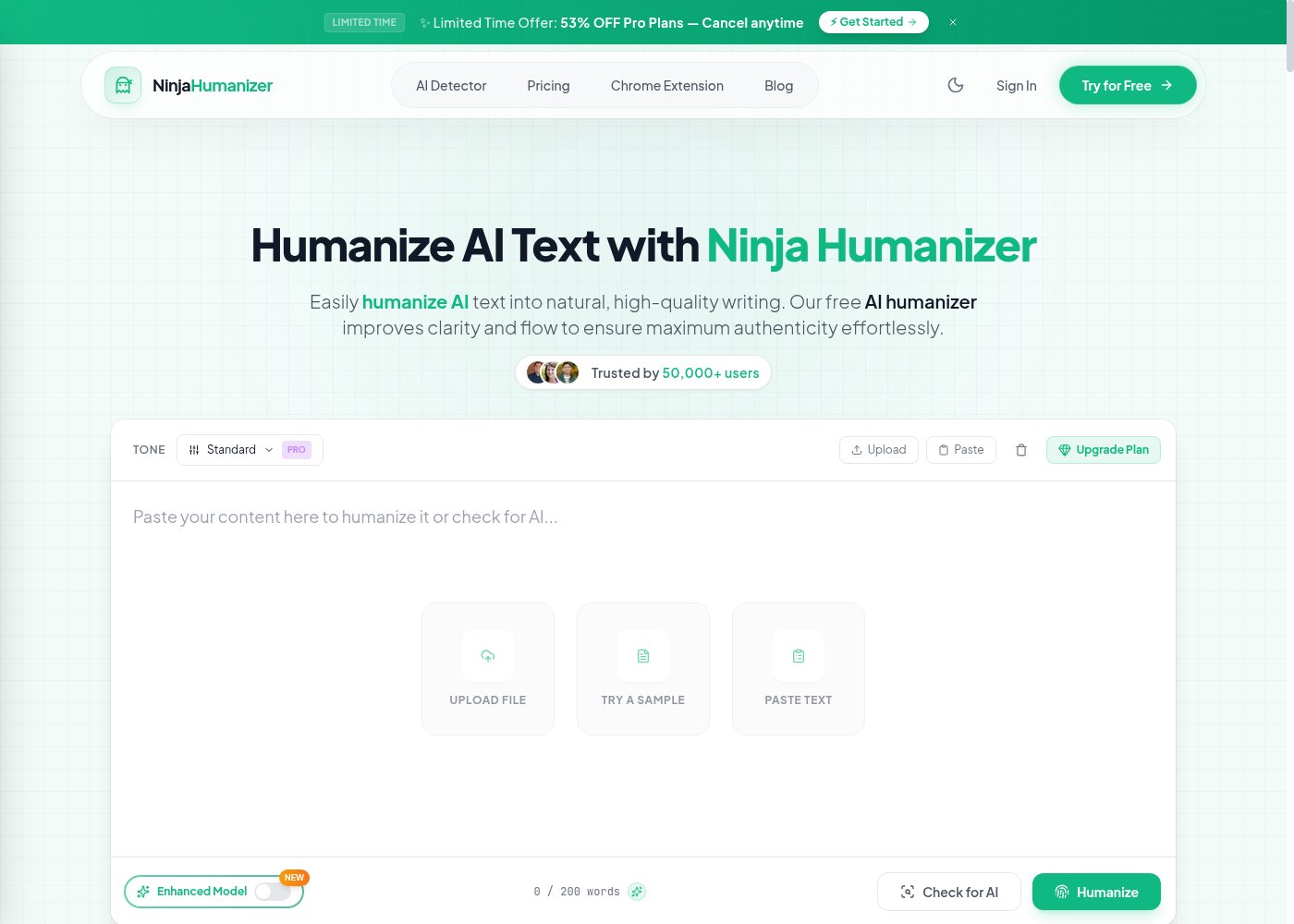 Ninja Humanizer homepage showing the public AI humanizer editor with tone selector, upload, paste, upgrade, Check for AI and Humanize controls
