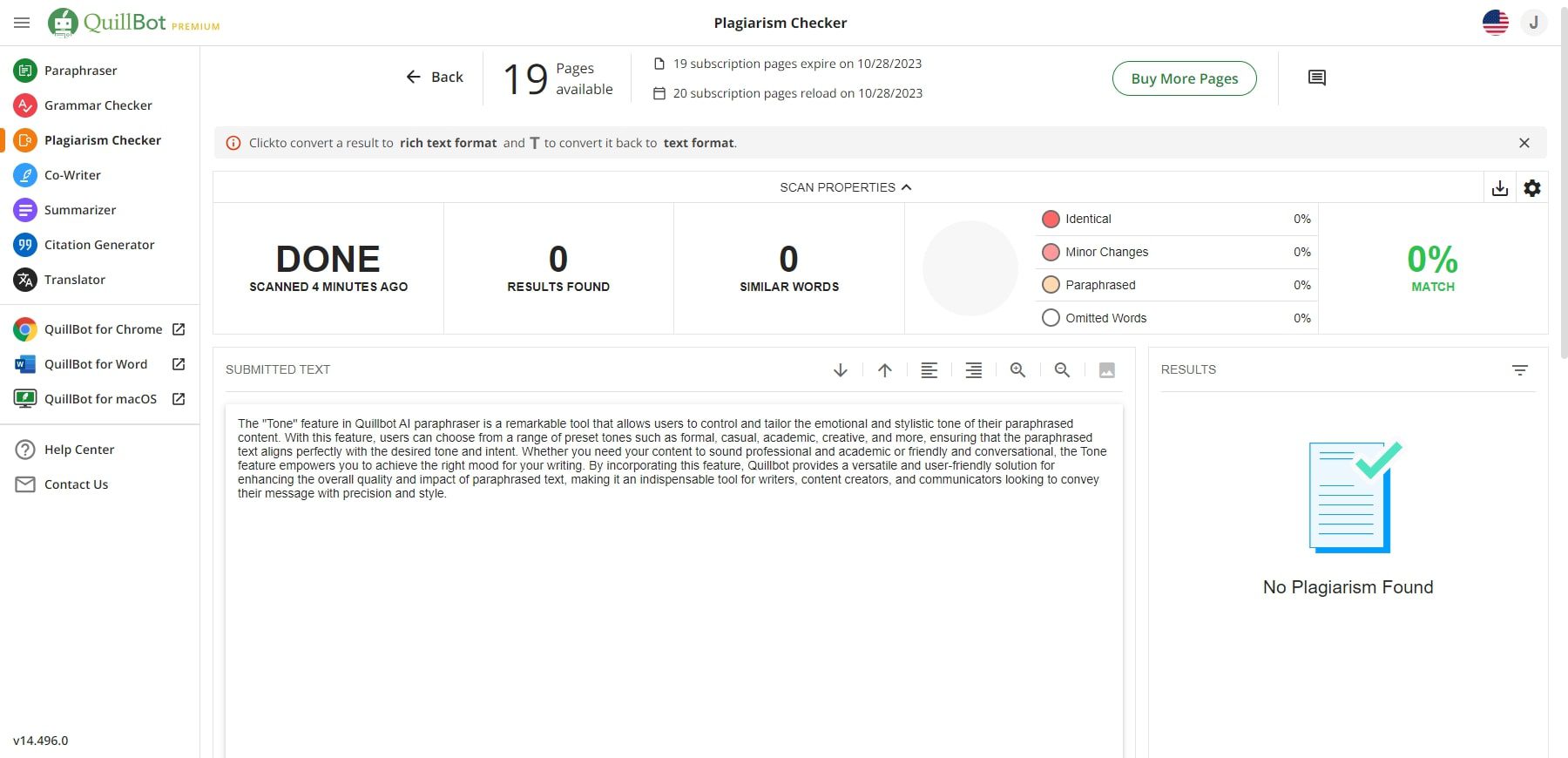 QuillBot Plagiarism Checker interface displaying detailed similarity scores and a list of specific matched sources for a submitted document.