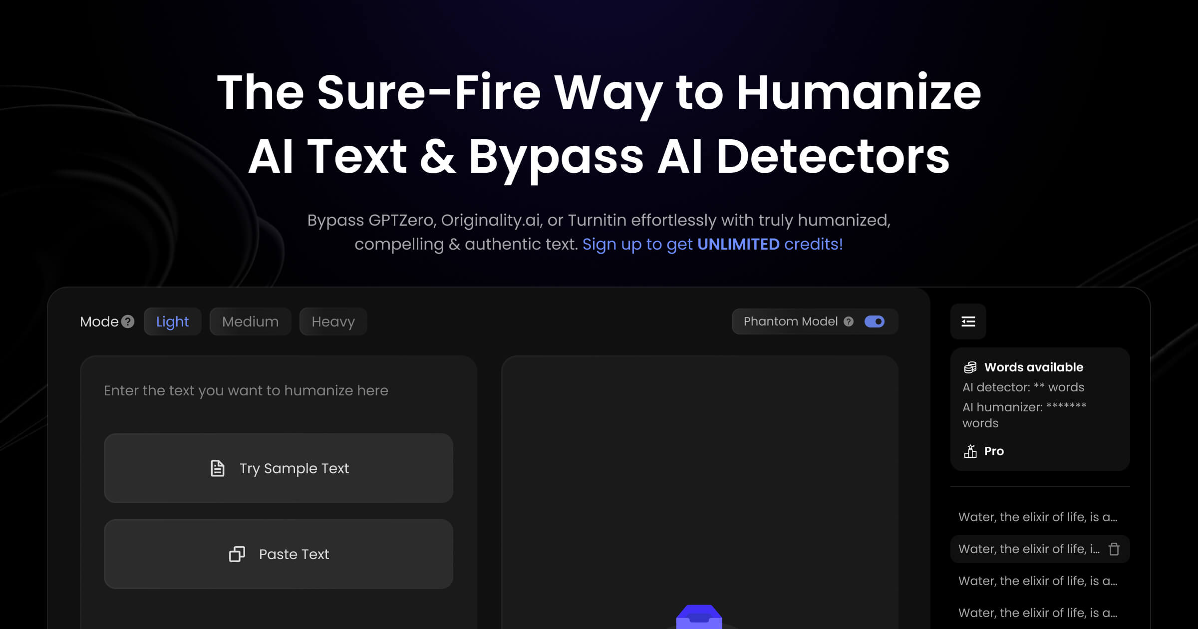 Humanize.io main interface showing the text input area and processing modes.