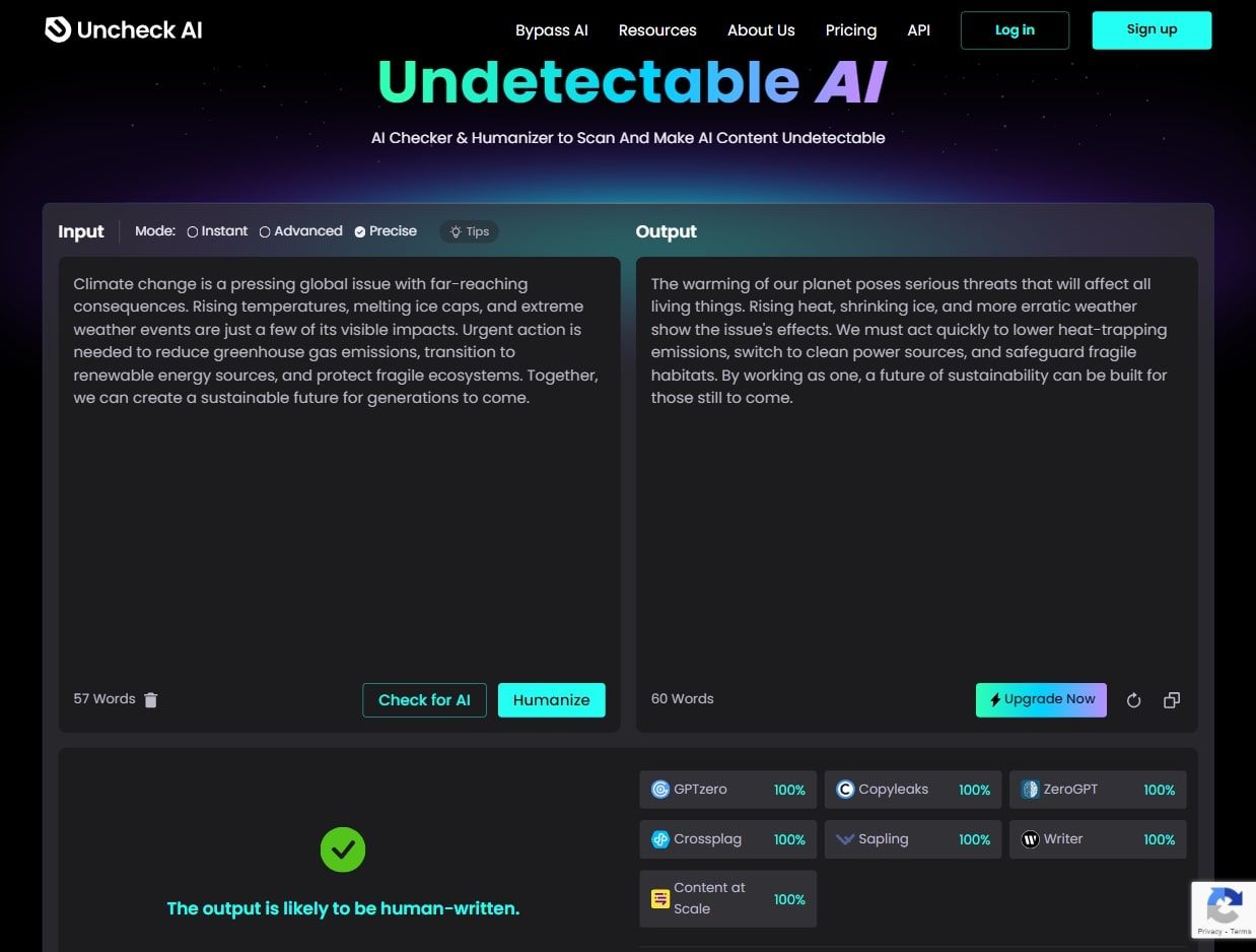 Uncheck AI humanization interface showing detection results and pattern disruption tools